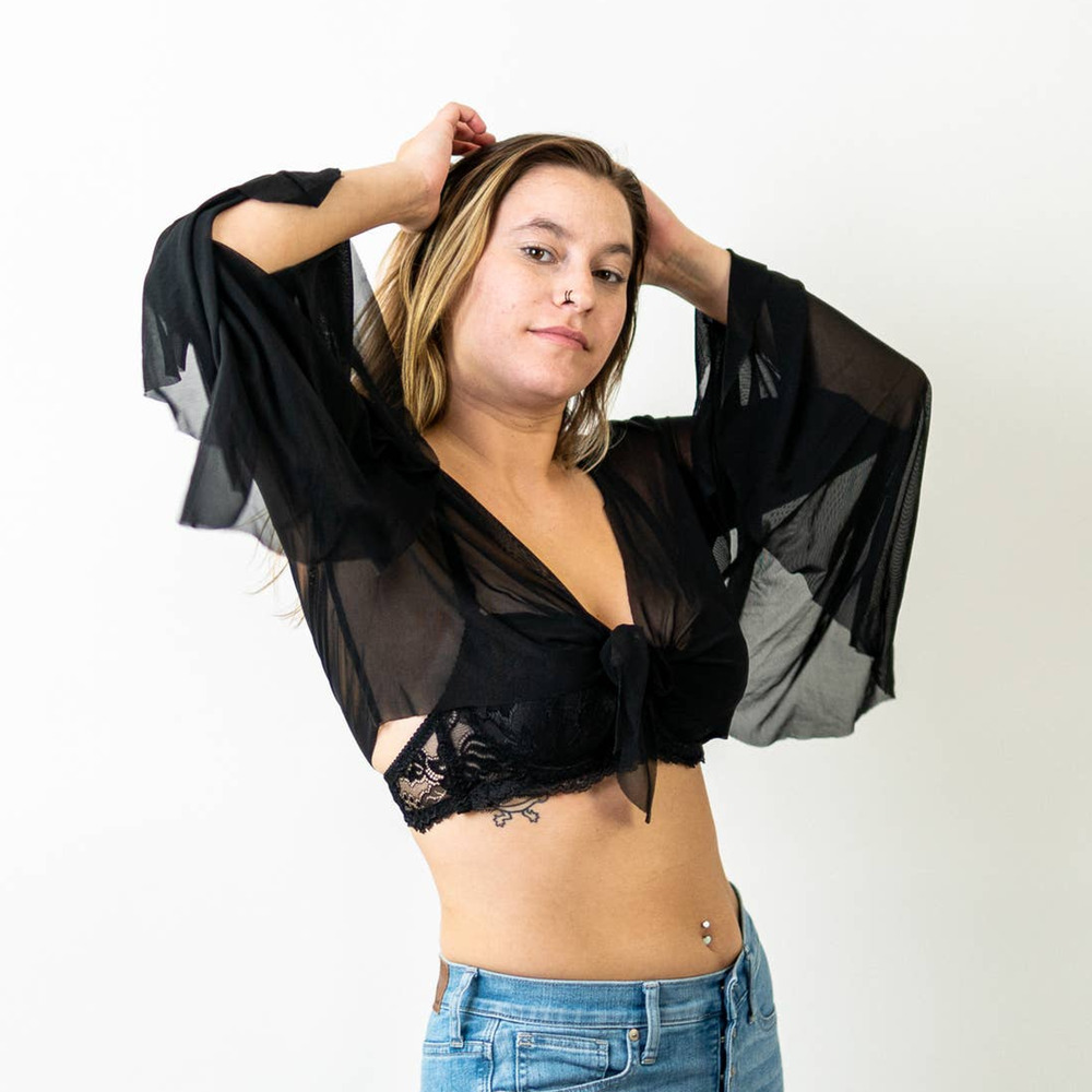 Goth Sheer Black Flounce Sleeve Wrap Top - Picture 4 of 9